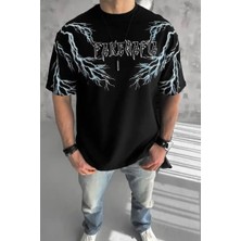 Ayessa Erkek Bisiklet Yaka Tişört Yıldırım Şimşek Baskılı Kısa Kol T-Shirt -Siyah Siyah - 2xl