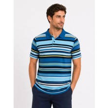 Ayessa Erkek Çizgili Polo Yaka Tişört Kısa Kol Yazlık T-Shirt Regular Fit - Mavi Mavi - Xl