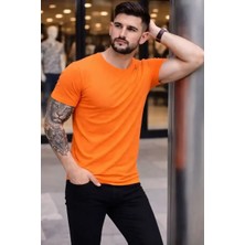 Ayessa Erkek Body Tişört Bisiklet Yaka Slim Fit Likralı T-Shirt - Turuncu Turuncu - Xl