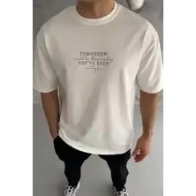 Ayessa Erkek Kısa Kol Yazlık Tişört Bisiklet Yaka Baskılı Oversize T-Shirt - Beyaz Beyaz - M