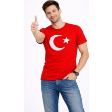 Ayessa Erkek T-Shirt Kısa Kol Bisiklet Yaka Ay Yıldız Bayrak Baskılı Tişört - Kırmızı Kırmızı - Xl