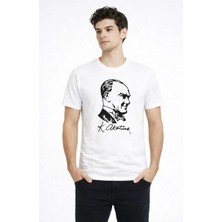 Ayessa Erkek Atatürk Baskılı Tişört Kısa Kollu Bisiklet Yaka T-Shirt - Beyaz Beyaz - S