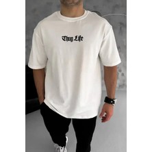 Ayessa Erkek Kısa Kol Yazlık Tişört Bisiklet Yaka Baskılı Oversize T-Shirt - Beyaz Beyaz - S