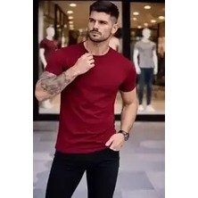 Ayessa Erkek Body Tişört Bisiklet Yaka Slim Fit Likralı T-Shirt - Bordo Bordo - 2xl