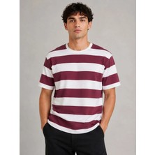 Ayessa Erkek Çizgili Oversize Tişört Bisiklet Yaka Kısa Kol Yazlık T-Shirt - Bordo Bordo - 2xl