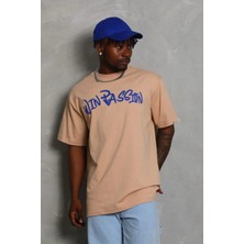 Ayessa Erkek Baskılı Tişört Kısa Kol Bisiklet Yaka Oversize T-Shirt - Bej Bej - L
