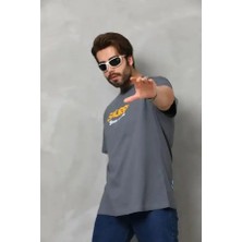 Ayessa Erkek Kısa Kol Yazlık Tişört Bisiklet Yaka Baskılı Oversize T-Shirt - Füme Füme - L