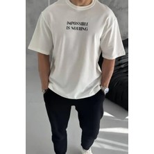 Ayessa Erkek Bisiklet Yaka Baskılı Oversize  Kısa Kol T-Shirt - Beyaz Beyaz - M