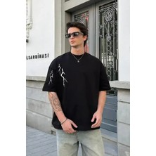 Ayessa Erkek Kısa Kol Tişört Bisiklet Yaka Yıldırım Baskılı Oversize T-Shirt - Siyah Siyah - 2xl