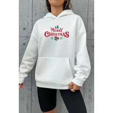 Ayessa Yılbaşı Merry Christmas Baskılı Oversize Kapüşonlu Sweatshirt Hoodie - Beyaz Beyaz - 2xl
