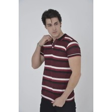 Ayessa Erkek Polo Yaka Tişört Slim Fit Dokuma Çizgili kısa Kol T-Shirt - Bordo Bordo - Xl