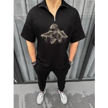Ayessa Erkek Yarım Fermuarlı Baskılı Oversize T-Shirt - Siyah Siyah - 2xl