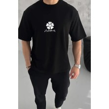 Ayessa Erkek Kısa Kol Tişört Bisiklet Yaka Yonca Baskılı Oversize T-Shirt - Siyah Siyah - 2xl