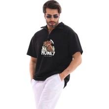 Ayessa Erkek Yarım Fermuarlı Oversize Baskılı T-Shirt - Siyah Siyah - 2xl