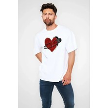 Ayessa Erkek Kısa Kol Tişört Bisiklet Yaka Kalp Baskılı Oversize T-Shirt - Beyaz Beyaz - M