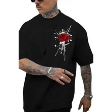 Ayessa Erkek Kısa Kol Yazlık Tişört Bisiklet Yaka Gül Baskılı T-Shirt - Siyah Siyah - 2xl