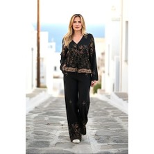 Ayessa Siyah Desenli Bluz Pantolon Takım 40 - Siyah