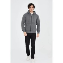 Ayessa Erkek 3 Iplik Pamuklu Kapüşonlu Tam Fermuarlı Cepli Hoodie Sweatshirt - Füme Füme - S