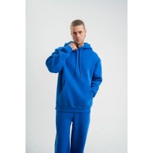 Ayessa Erkek 3 Iplik Oversize Kapşonlu Basic Sweatshirt Hoodie - Mavi Mavi - Xl