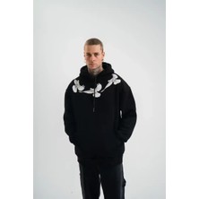 Ayessa Erkek 3 Iplik Pamuklu Kapüşonlu Baskılı Cepli Oversize Sweatshirt Hoodie - Siyah Siyah - L
