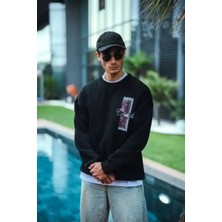 Ayessa Erkek 3 Iplik Pamuklu Bisiklet Yaka Ön ve Arka Baskılı Sweatshirt - Siyah Siyah - L