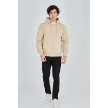 Ayessa Erkek 3 Iplik Pamuklu Kapüşonlu Tam Fermuarlı Cepli Hoodie Sweatshirt - Bej Bej - 2xl