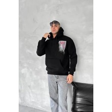 Ayessa Erkek Kapüşonlu Kanguru Cepli Sweatshirt 3 Iplik Pamuklu Baskılı Hoodie - Siyah Siyah - S