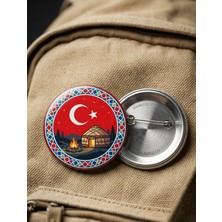 FikArt Geleneksel Türk Otağı Yurt Çadırı Kamp Ateşi ve Ay Yıldızlı Gece 58MM Buton Rozeti