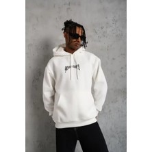 Ayessa Erkek 3 Iplik Pamuklu Baskılı Kapüşonlu Cepli Sweatshirt Hoodie - Beyaz Beyaz - Xl