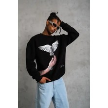 Ayessa Erkek Güvercin Baskılı 3 Iplik Bisiklet Yaka Ipamuklu Sweatshirt - Siyah Siyah - L