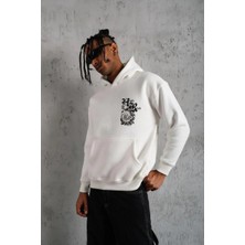 Ayessa Erkek 3 Iplik Pamuklu Kapüşonlu Baskılı Cepli Oversize Sweatshirt Hoodie - Beyaz Beyaz - S