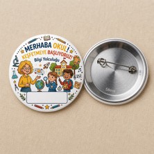 FikArt  Merhaba Okul - Bilgi Yolculuğu Mini - Okul ve Öğrenci Temalı 58MM Iğneli Metal Buton Rozet