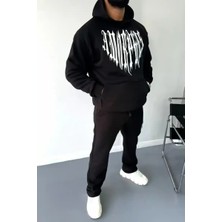 Ayessa Erkek Kapüşonlu Kanguru Cepli Sweatshirt 3 Iplik Pamuklu Baskılı Hoodie -  Siyah Siyah - S