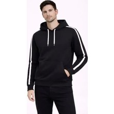 Ayessa Erkek Şeritli Kapüşonlu Sweatshirt Oversize 3 Iplik Pamuklu Hoodei - Siyah Siyah - M