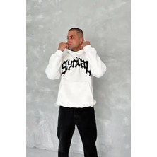 Ayessa Erkek 3 Iplik Pamuklu Kapüşonlu Baskılı Cepli Oversize Sweatshirt Hoodie - Beyaz Beyaz - S