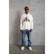 Ayessa Erkek 3 Iplik Pamuklu Kapüşonlu Baskılı Cepli Oversize Sweatshirt Hoodie - Beyaz Beyaz - S