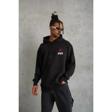 Ayessa Erkek 3 Iplik Pamuklu Kapüşonlu Baskılı Cepli Oversize Sweatshirt Hoodie - Siyah Siyah - L