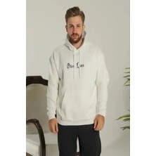 Ayessa Erkek Kapüşonlu Kanguru Cepli Sweatshirt 3 Iplik Pamuklu Baskılı Hoodie - Beyaz Beyaz - M