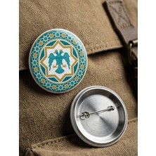 FikArt Çift Başlı Selçuklu Kartalı 8 Köşeli Selçuklu Yıldızı Geometrik Çini Desenli 58MM Buton Rozeti