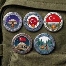 FikArt Geleneksel Türk Otağı ve Doğa Kampı Temalı 5'li Paket 58MM Buton Rozeti Seti