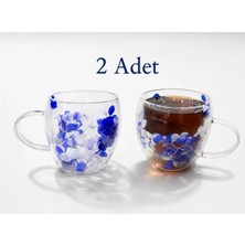 Zürih Collection Kurutulmuş Canlı Çiçekli 2 Adet Çift Cidarlı Çay Kahve Kupası Mavi Ortanca Çiçeği Hediyelik 250 ml