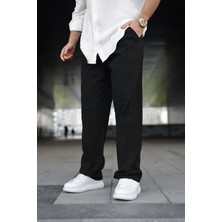 Veraura Lifestyle Erkek Ham Keten Beli Lastikli Cepli Regular Fit Boru Paça Pantolon - Siyah