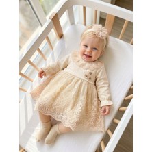 Bebila Baby Kız Bebek Mevlütlük Elbise Bandanalı Dantelli Yenidoğan Hastane Çıkışı Gelinlik Abiye %100 Pamuk Mevlitlik 4036