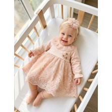 Bebila Baby Kız Bebek Mevlütlük Elbise Bandanalı Dantelli Yenidoğan Hastane Çıkışı Gelinlik Abiye %100 Pamuk Mevlitlik 4036