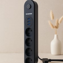 Veraura Lifestyle Termal Korumalı Anahtarlı 4'lü Uzatma Kablosu 3 USB 2 M
