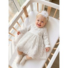 Bebila Baby Kız Bebek Mevlütlük Elbise Bandanalı Dantelli Yenidoğan Hastane Çıkışı Gelinlik Abiye %100 Pamuk Mevlitlik 4036