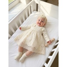 Bebila Baby Kız Bebek Mevlütlük Elbise Bandanalı Dantelli Yenidoğan Hastane Çıkışı Gelinlik Abiye %100 Pamuk Mevlitlik 4038