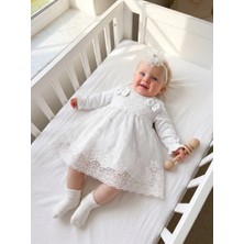 Bebila Baby Kız Bebek Mevlütlük Elbise Bandanalı Dantelli Yenidoğan Hastane Çıkışı Gelinlik Abiye %100 Pamuk Mevlitlik 4038