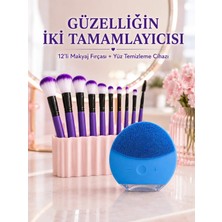 Veraura Lifestyle 12’li Mor Makyaj Fırça Seti ve Silikon Yüz Tezleme Cihazı Ikili Makyaj ve Cilt Bakım Seti