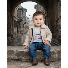 Junior Class Krem Renkli Erkek Bebek Kuzu Yakalı Deri Mont Takım – Bej
